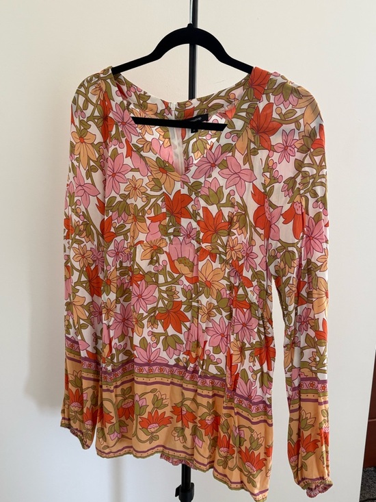 mittoshop Tops - mittoshop Floral V-Neck Long-Sleeve Blouse in Pink, Orange & Tan